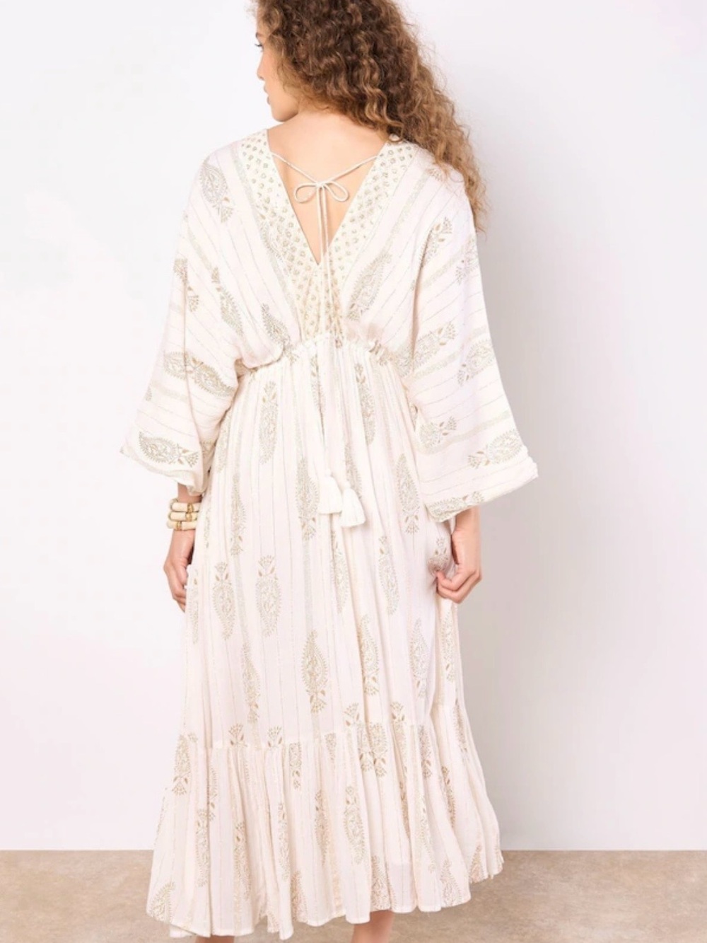 Sz S⭐️APRICOT Cream Gold Foil Tassel Embroidered Sequin V Neck Boho Maxi Dress - Picture 2 of 13